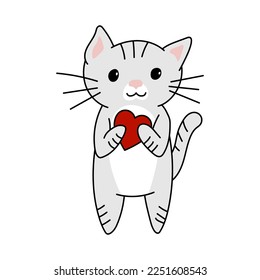Valentine's day cat with heart. Festive design element for the valentine holidays, events, discounts, and sales. Vector illustration.