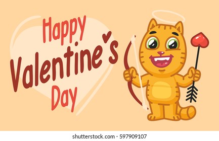 Valentines Day Cat Holds Bow and Arrow. Vector Illustration. Mascot Character.
