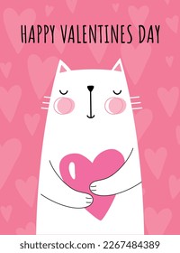 Valentines day cat poster. Design element for greeting postcard, wedding and valentines day. Love, tenderness, care and passion, romance. Kitten hugging heart. Cartoon flat vector illustration