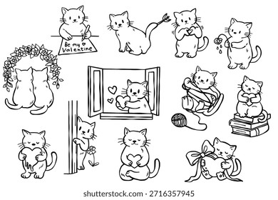 Conjunto de gato del día de San Valentín. Gatos divertidos, gatito colección romántica de vacaciones para mascotas lindas 14 febrero