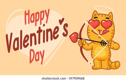 Valentines Day Cat Shoots From Bow. Vector Illustration. Mascot Character.