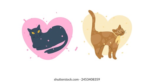 Valentines day cat vector illustration. Cute pets with glasses, bow and in party hats with confetti on abstract heart form. Positive card, postcard, poster or sticker. 