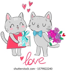 Valentine's Day. Cats love vector stock illustration. Give gifts.