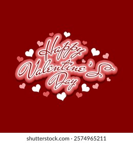 Valentine's Day is celebrated on February 14. Calligraphy text with heart shapes on maroon background.