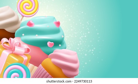 Valentine's Day celebration background with sweet dessert, 3d realistic cupcake decorated with hearts, lollipops. Vector illustration