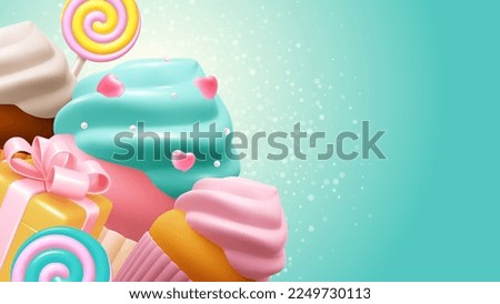 Valentine's Day celebration background with sweet dessert, 3d realistic cupcake decorated with hearts, lollipops. Vector illustration