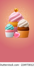 Valentine's Day celebration background template with sweet dessert, 3d realistic cupcake decorated with hearts. Vector illustration