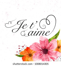 Valentine's Day celebration background with text je t'aime (meaning I love you) on floral decorated background.