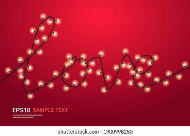 valentines day celebration banner flyer or greeting card with light bulbs in shape of love word copy space horizontal vector illustration