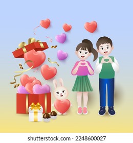 valentines day celebration card, heart shape balloons, with gift boxes, couple in love and pretty rabbit.