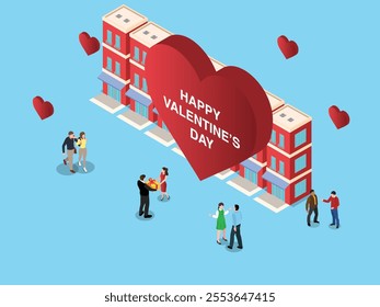 Valentine's Day Celebration with Couples and Giant Heart in 3d isometric vector illustration