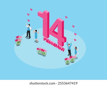 Valentine's Day Celebration with Couples and Heart Elements 3d isometric vector illustration