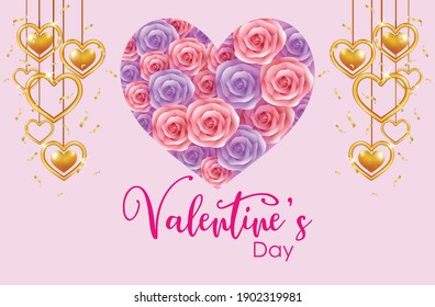 Valentine's Day celebration design with gold heart ornament and rose flower isolated on pink background. vector illustration
