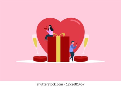 Valentines day celebration with flat style and small people, happy girl opening present from her boyfriend, boy chatting with his girlfriend, vector illustration.