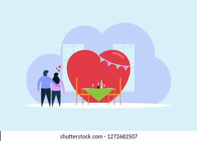 Valentines day celebration with flat style and small people, happy people doing romantic dinner, boyfriend give surprise to his girlfriend, vector illustration.