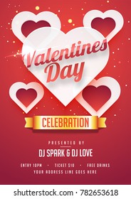 Valentines Day celebration Flyer or Invitation Poster Design with Paper hearts on sparking pink background. 