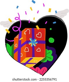 Valentine's Day. Celebration, gift, confetti, splash, joy, heart, love. Doodle. Vector illustration. Flat. 80s. 