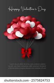 Valentine's day celebration greeting card and poster with party balloons in hearts shape and red bow, Valentine's day wording, example texts on black background.