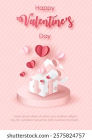 Valentine's day celebration greeting card and poster with gift box on display stage and pink hearts flying in paper cut style with Valentine's day wording, example texts on pink background.