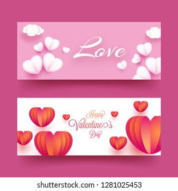 Valentine's Day celebration header or banner set with paper origami of heart shapes.