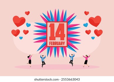 Valentine's Day Celebration with Hearts and February 14 2d flat vector illustrations