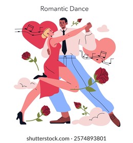 Valentine's Day celebration illustration. A couple dancing closely, surrounded by hearts and roses. The image evokes romance, joy, and connection in a vibrant setting. Ideal for expressing love on