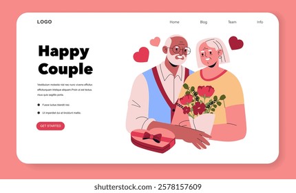 Valentine's Day celebration illustration. A happy couple enjoys a moment together surrounded by love symbols. They share flowers and gifts, capturing affection in a charming style. Ideal for