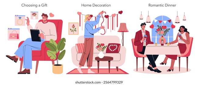 Valentine's Day celebration illustration. The image captures the essence of love through gift selections, home decoration, and romantic dinner settings. It represents thoughtful gestures, special