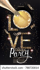 VALENTINE'S DAY CELEBRATION INVITATION CARD WITH GOLD LETTERS AND BOTTLE AND GLASS WITH CHAMPAGNE. VECTOR ILLUSTRATION