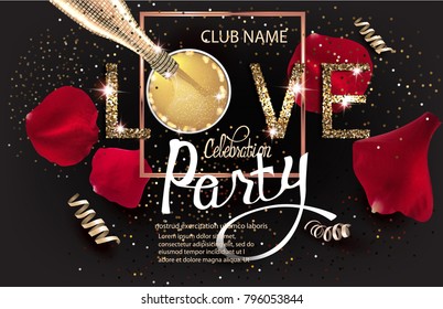 VALENTINES DAY CELEBRATION INVITATION CARD WITH GOLD SERPENTINE, LETTERS, ROSE PETALS AND BOTTLE AND GLASS WITH CHAMPAGNE. VECTOR ILLUSTRATION