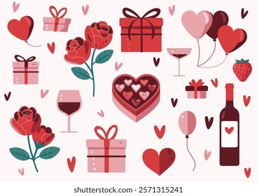 Valentine's Day celebration items vector icon collection Red wine gift chocolate heart balloon