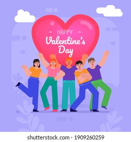 Valentines day celebration, love is in the air. Group of people stand near big heart. Modern vector illustration