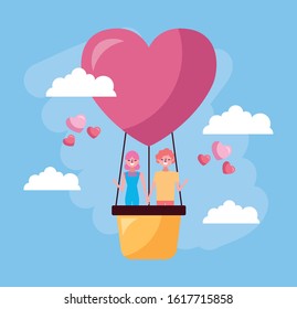 valentines day celebration with lovers in balloon air hot vector illustration