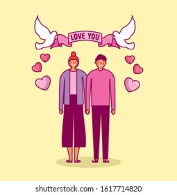 valentines day celebration with lovers and doves vector illustration design