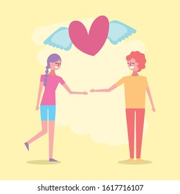 valentines day celebration with lovers and heart flying vector illustration