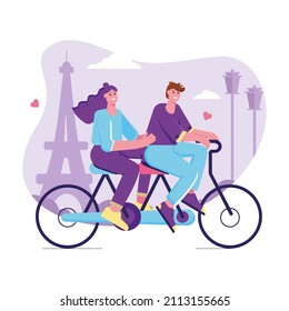 Valentines day celebration modern flat concept. Loving man and woman riding tandem bicycle. Couple in love on date on romantic holiday. Vector illustration with people scene for web banner design