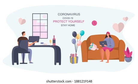 Valentine's day Celebration Online during Quarantine in Coronavirus.Couple using Laptop for Online Communication and Romantic Dating.14 February.Love  at Distance.Virtual date.Flat Vector Illustration