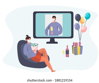 Valentine's day Celebration Online during Quarantine in Coronavirus.Couple using Laptop for Online Communication and Romantic Dating.14 February.Love  at Distance.Virtual date.Flat Vector Illustration