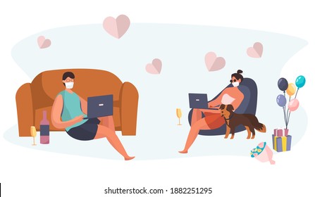 Valentine's day Celebration Online during Quarantine in Coronavirus.Couple using Laptop for Online Communication and Romantic Dating.14 February.Love  at Distance.Virtual date.Flat Vector Illustration