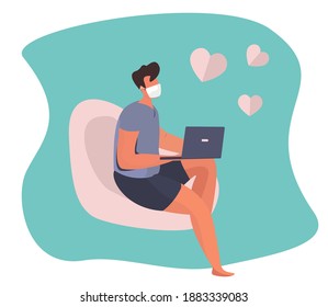 Valentine's day Celebration Online during Quarantine in Coronavirus.Couple using Laptop for Online Communication and Romantic Dating.14 February.Love  at Distance.Virtual date.Flat Vector Illustration