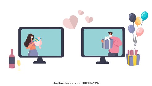 Valentine's day Celebration Online during Quarantine in Coronavirus.Couple using Laptop for Online Communication and Romantic Dating.14 February.Love  at Distance.Virtual date.Flat Vector Illustration