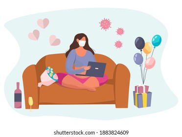 Valentine's day Celebration Online during Quarantine in Coronavirus.Couple using Laptop for Online Communication and Romantic Dating.14 February.Love  at Distance.Virtual date.Flat Vector Illustration
