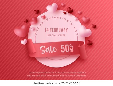 Valentine's day celebration poster advertising design with balloons in  hearts shape flying on ribbon and circle banner, Valentine's day sale wording, example texts on red background.