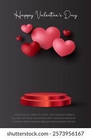 Valentine's day celebration poster advertising design with hearts in 3d style flying, red product stage and Valentine's day wording, example texts on black background.