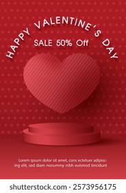 Valentine's day celebration poster advertising design with red hearts in 3d style and product stage, Valentine's day sale wording, example texts on red background.