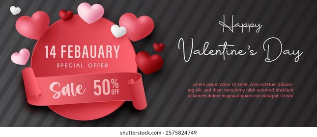 Valentine's day celebration poster advertising design with balloons in  hearts shape flying on ribbon and circle banner, Valentine's day sale wording, example texts on black background.