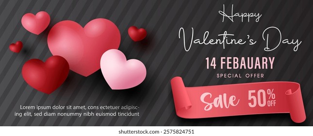 Valentine's day celebration poster advertising design with balloons in  hearts shape flying and ribbon banner, Valentine's day sale wording, example texts on black background.