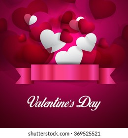Valentine's Day celebration Poster, Banner or Flyer design with shiny pink ribbon and hearts.