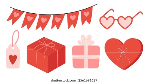 Valentine's day celebration. Red heart, gifts boxes and decors set. Romantic elements set. Love stickers. Flat Vector illustration isolated on white background 