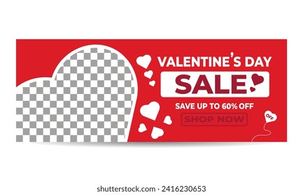 Valentine's Day Celebration sale banner template. Red background with love balloons vector decoration. Flat design vector with photo collage. Can be used for Valentine's Day banner.